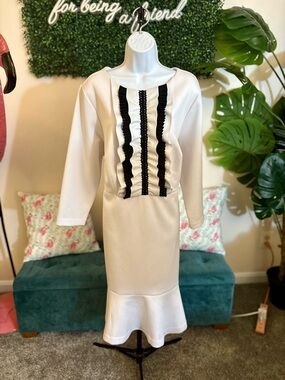 Eloquii White Scuba Dress with Black Ruffle Panel